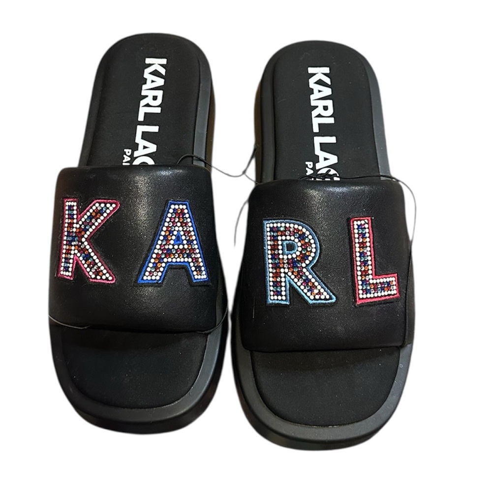 Karl Lagerfeld Black Slide Sandals with rhinestones
